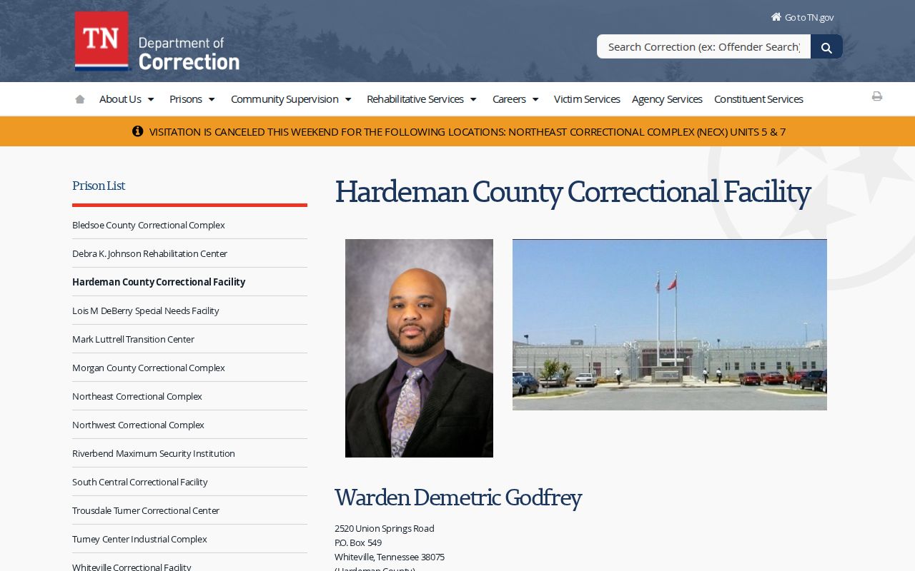 Hardeman County Correctional Facility TDOC release contact page