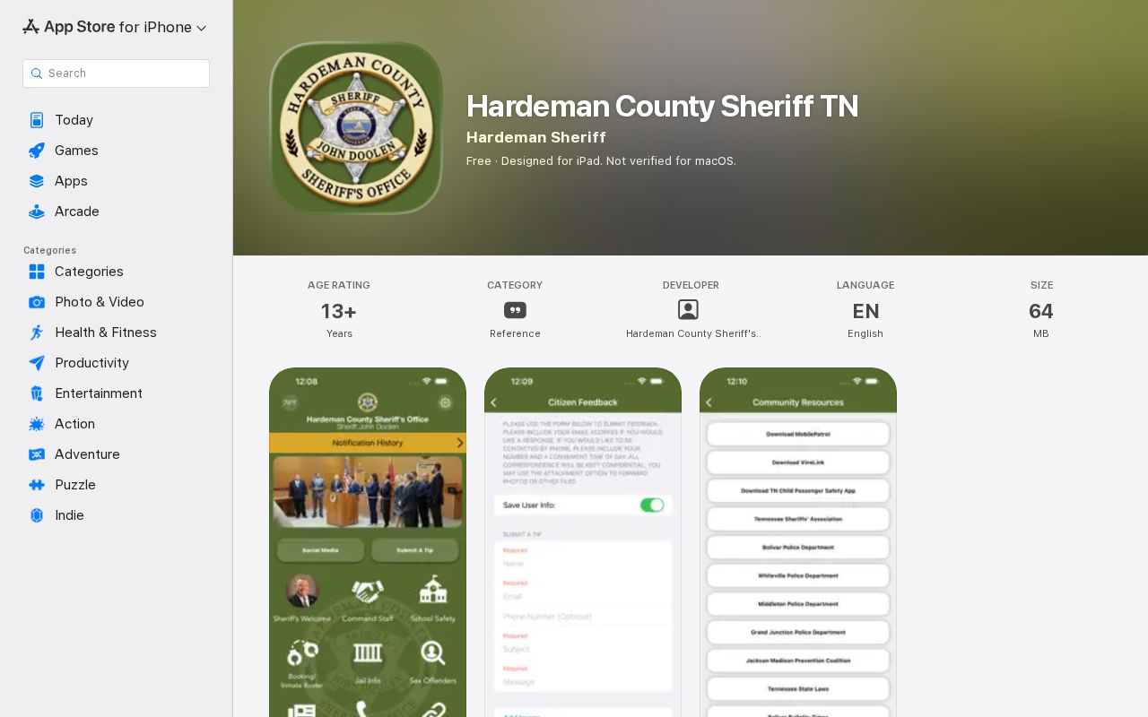 Official Hardeman County Sheriff app description with no verified released inmate mugshot feature
