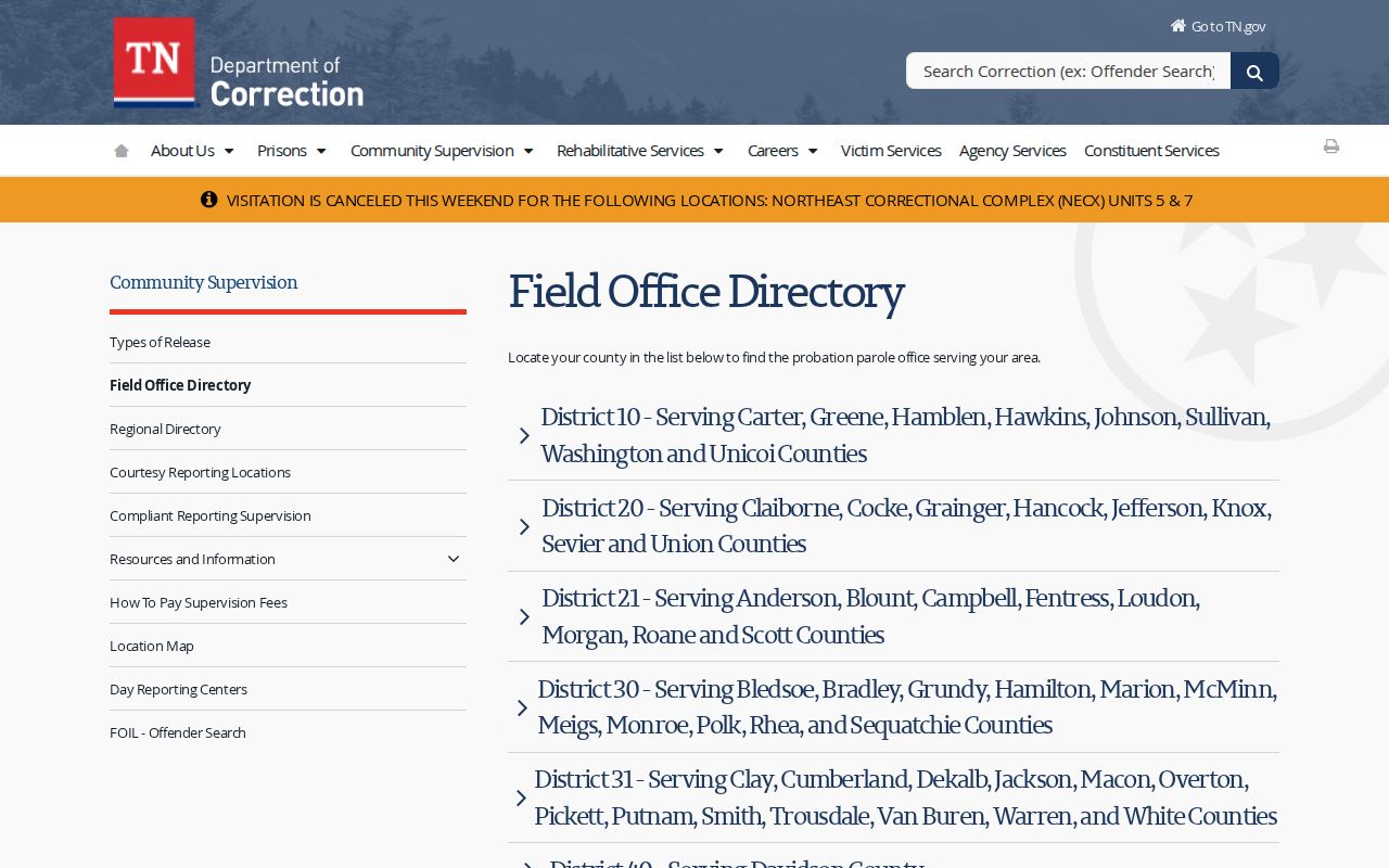 Hardeman County parole and probation District 60 field office directory