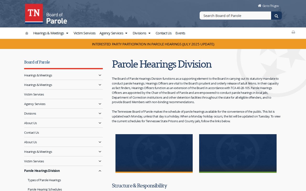 Tennessee Board of Parole hearing information for Hardeman County parole records