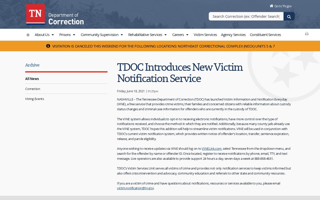 TDOC Tennessee VINE coverage notice for Hardeman County inmate checks