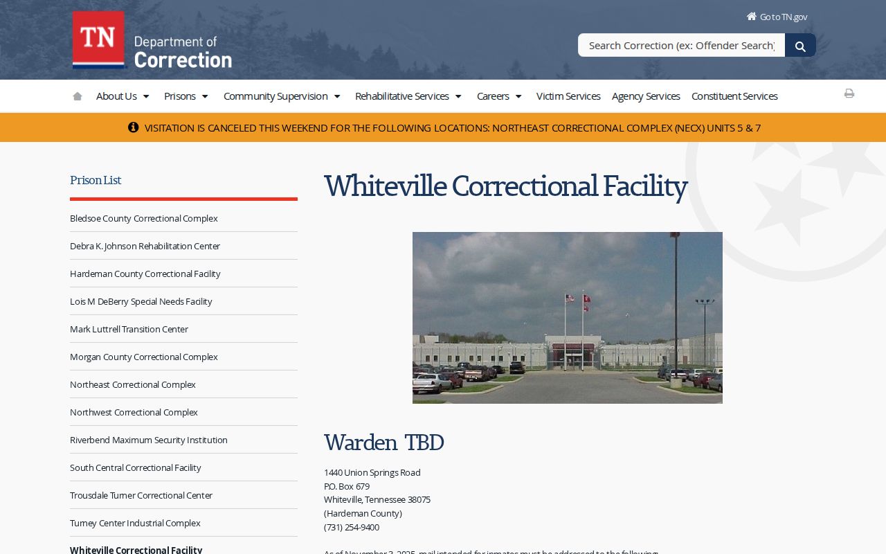 Whiteville Correctional Facility release record and contact page