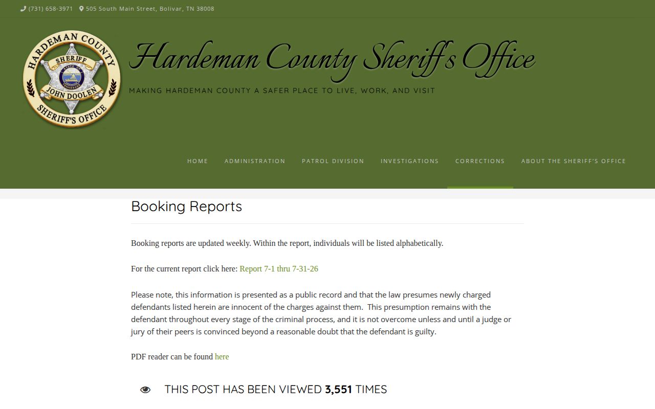 Hardeman County released inmates Booking Reports page